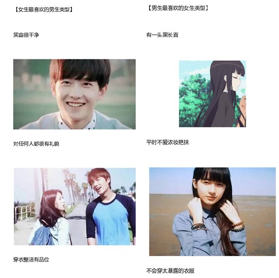 常有人问,你喜欢什么样的男生,我说我也不知道,现在有人帮忙总结了男女选择对象的标准,瞬间话题就被推上热搜榜。面对这些标准很多网友表示,我就笑笑,不说话,小编立刻带你来看~ 传说中,男生喜欢这样的女生:有一头黑长直,平时不爱浓妆艳抹,不会穿太暴露的衣服,生活作风良好,长得漂亮+N! 传说中,女生喜欢这样的男生:笑容很干净,对任何人都有礼貌,穿衣整洁有品位,生活作风良好,长得帅气,有钱+N! 所以,真相就是:男生喜欢长得漂亮的女生,女生喜欢有钱的男生。男要有钱女要有颜就是择偶标准,多么让人痛心疾首